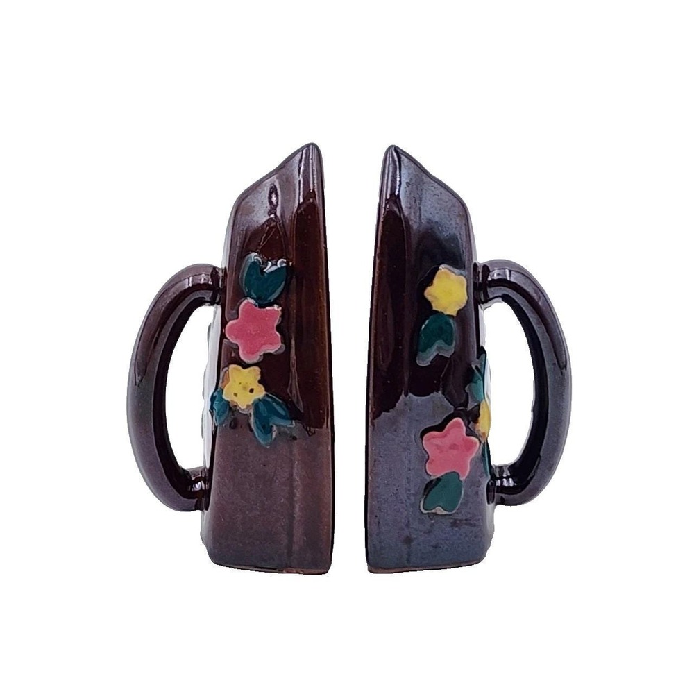 Vintage 50s Ceramic Iron Shape Salt Pepper Shakers Floral Hand Painted Japan MCM